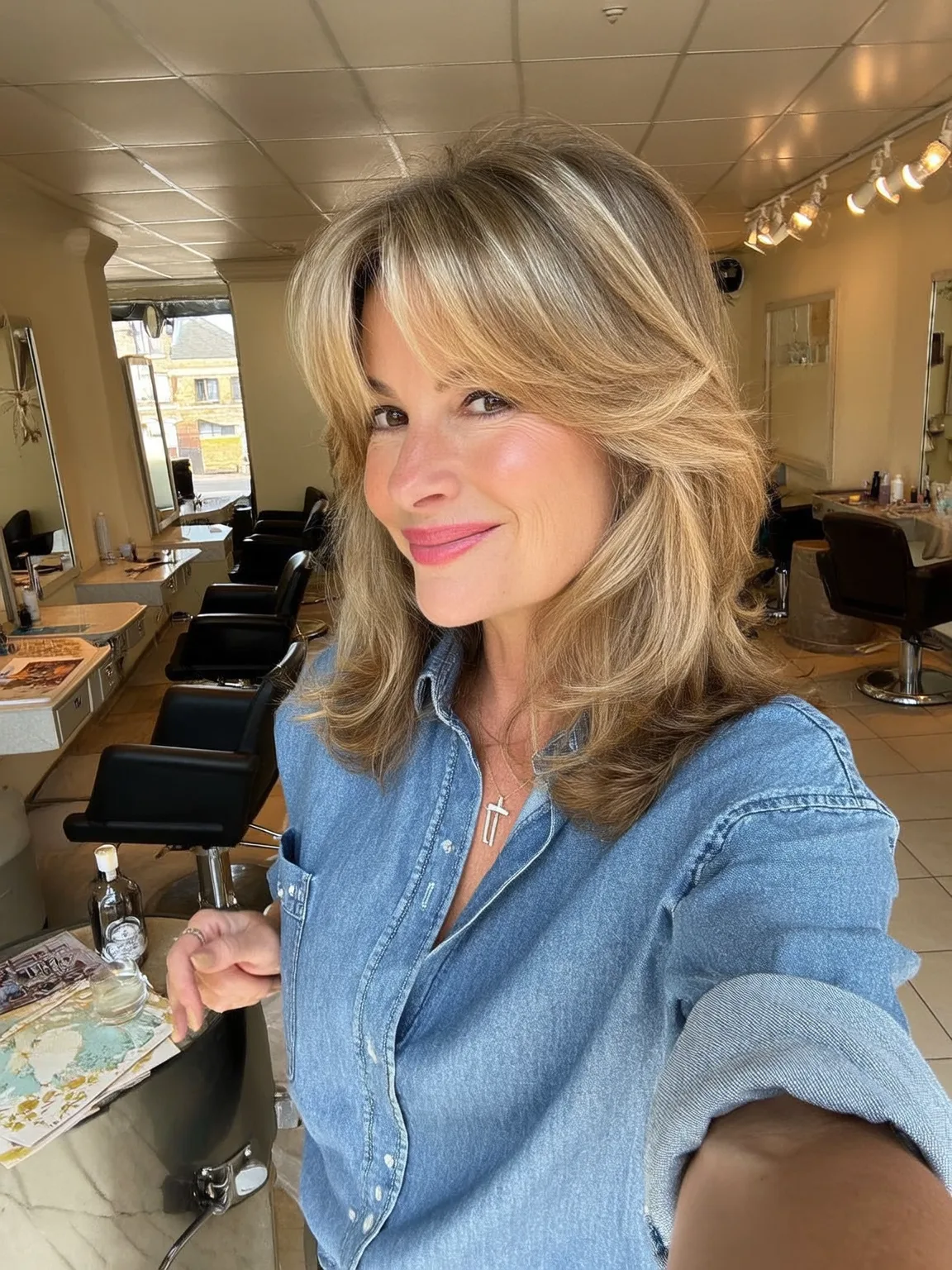 Feathered Shoulder-Length Layers with Honey Blonde Balayage